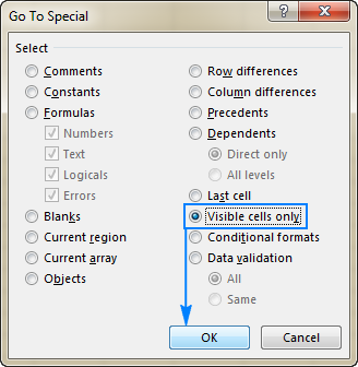4.In the Go To Special dialog box, select Visible Cells only.