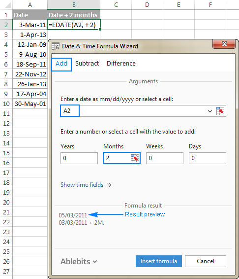 Building an Excel formula to add months to date