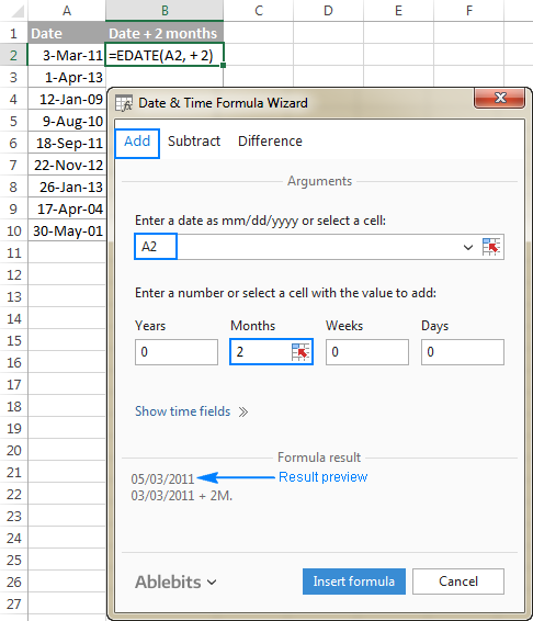 excel formula to subtract dates