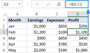 what is the formula for subtraction in excel