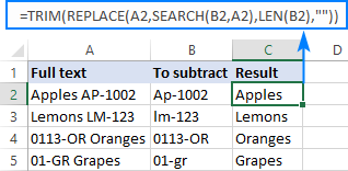 Case-insensitive formula to subtract text of one cell from another cell