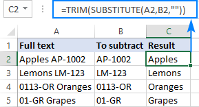 Case-sensitive formula to subtract text of one cell from another cell