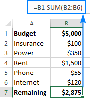 subtraction formula in excel