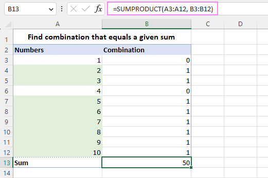 Find a combination of numbers that equals a specified sum.