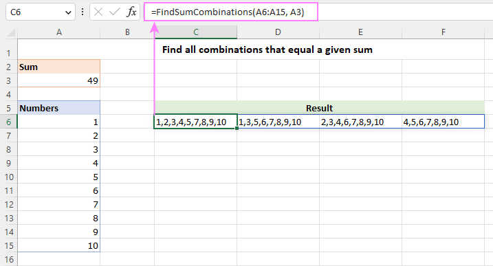 Find all combinations of numbers that equal a given sum in Excel