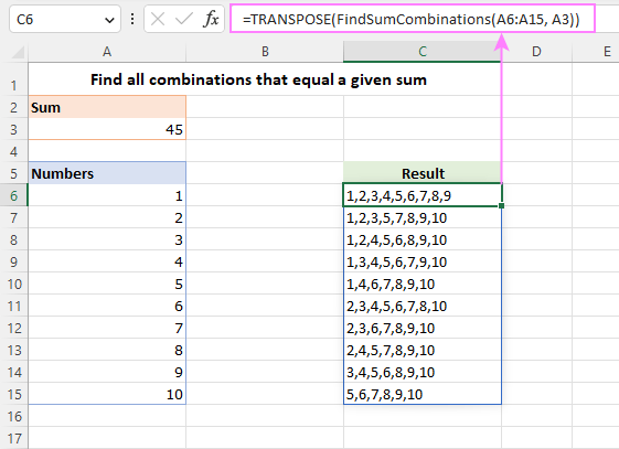 Return combinations of numbers that equal a given sum in a column.