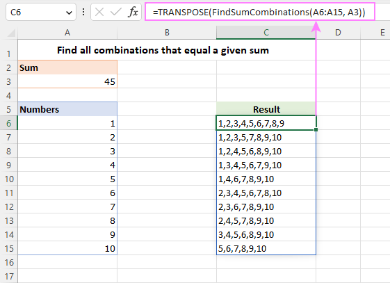 Find all combinations of numbers that equal a given sum in Excel