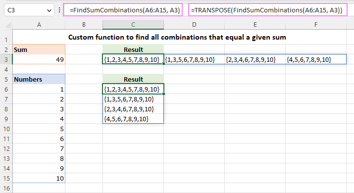 Return combinations that equal a certain sum in the form of an array.