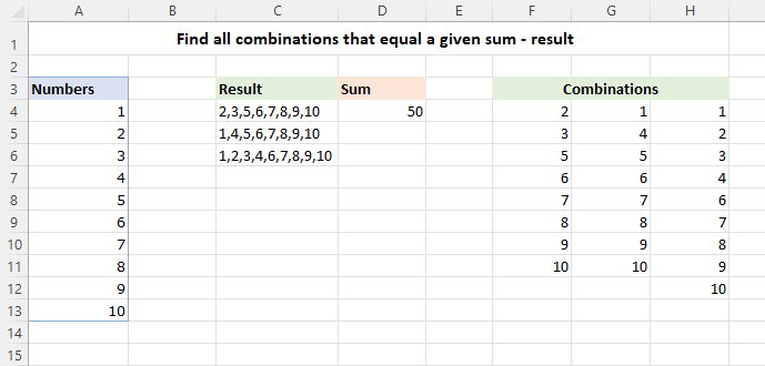 Result - combinations of numbers with each number residing in a separate cell.