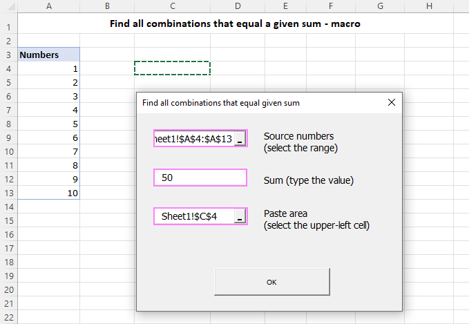 Macro to return all combinations that equal a specified sum.