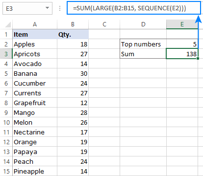 Get sum of the largest 5 numbers in Excel 365 and Excel 2021.