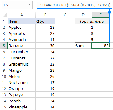 Find sum of the highest 3 values with SUMPRODUCT.