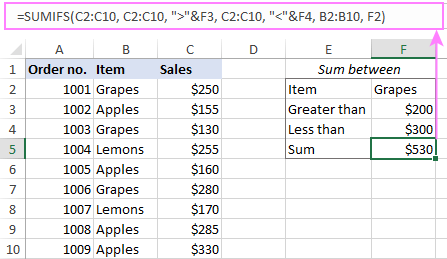SUMIFS formula between two numbers with other criteria
