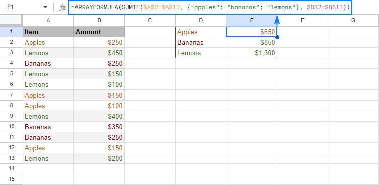 Sum with OR criteria and output sub-totals in a column.