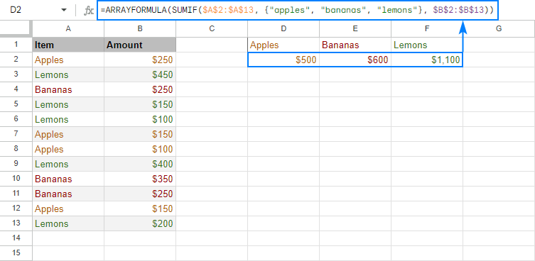 Sum with OR criteria and get sub-totals in separate cells.