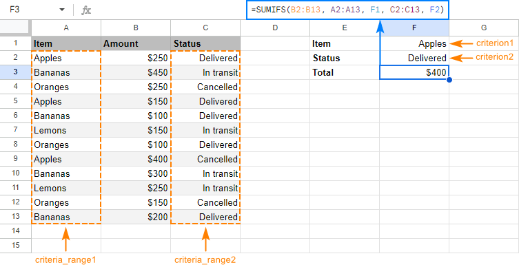 SUMIFS in Google Sheets to sum cells with multiple criteria