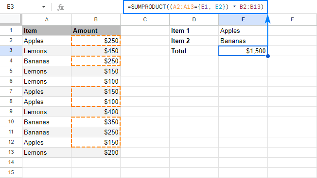 A SUMPRODUCT formula to sum cells with OR criteria