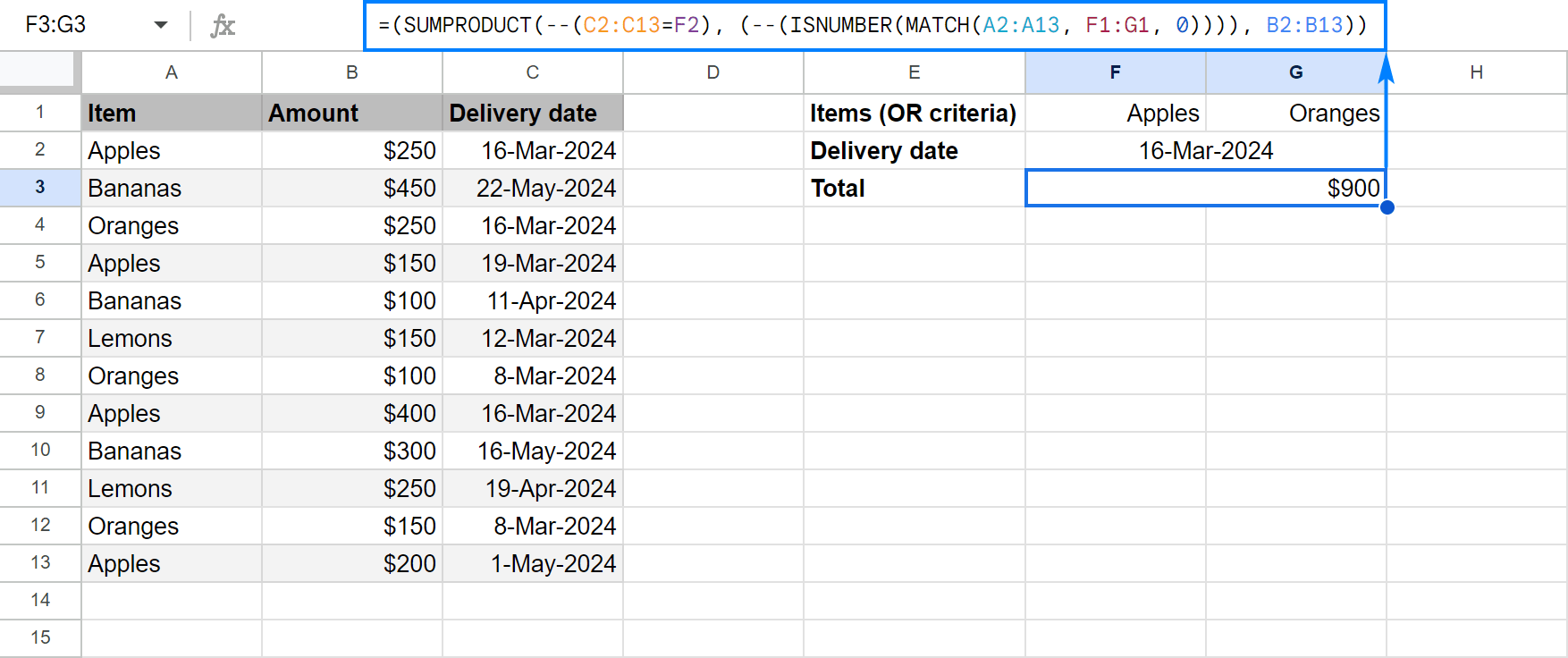 A SUPRODUCT formula to sum cells with multiple OR criteria