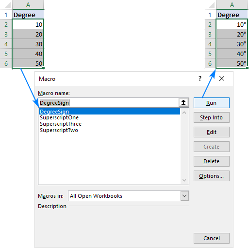 Add the degree sign to the numbers with VBA