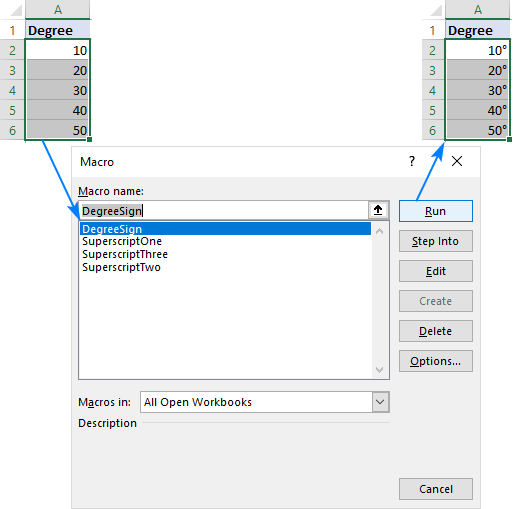 Adicionar o sinal de grau aos números com VBA