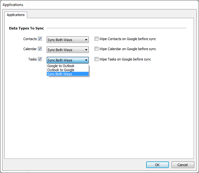 Choose the items to sync and one-way or two-way syncing