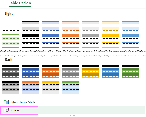 Clear table formatting in Excel