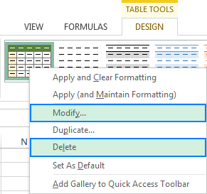Modify or delete a custom table style.