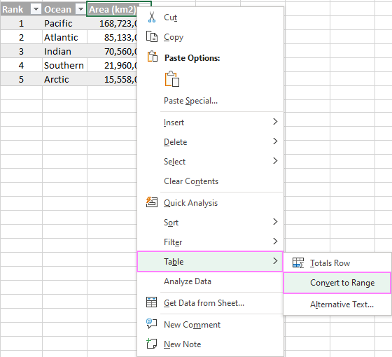 How to convert table to normal range in Excel and vice versa