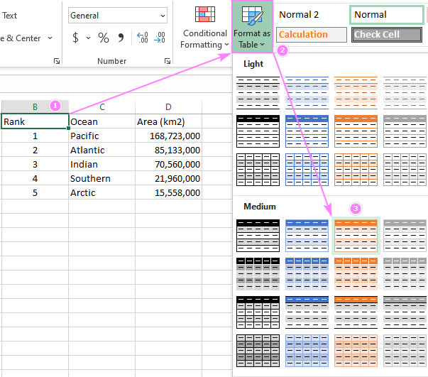 Convert the cell range to a table using the preferred table style.