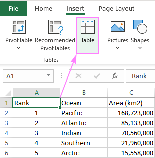 Insert a table in Excel.