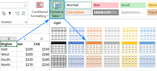 How to create a table in Excel