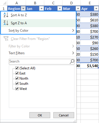 Sorting a table in Excel
