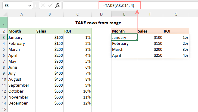 Extract rows from a range of cells.