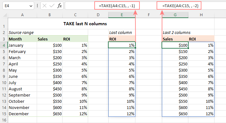 Extract some columns from the end of an array.