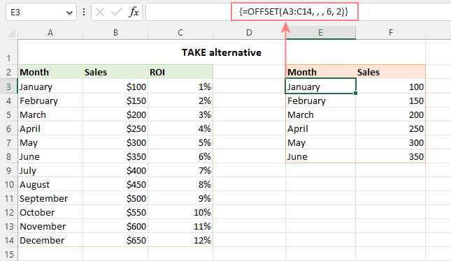 TAKE function alternative for Excel 2010 and higher