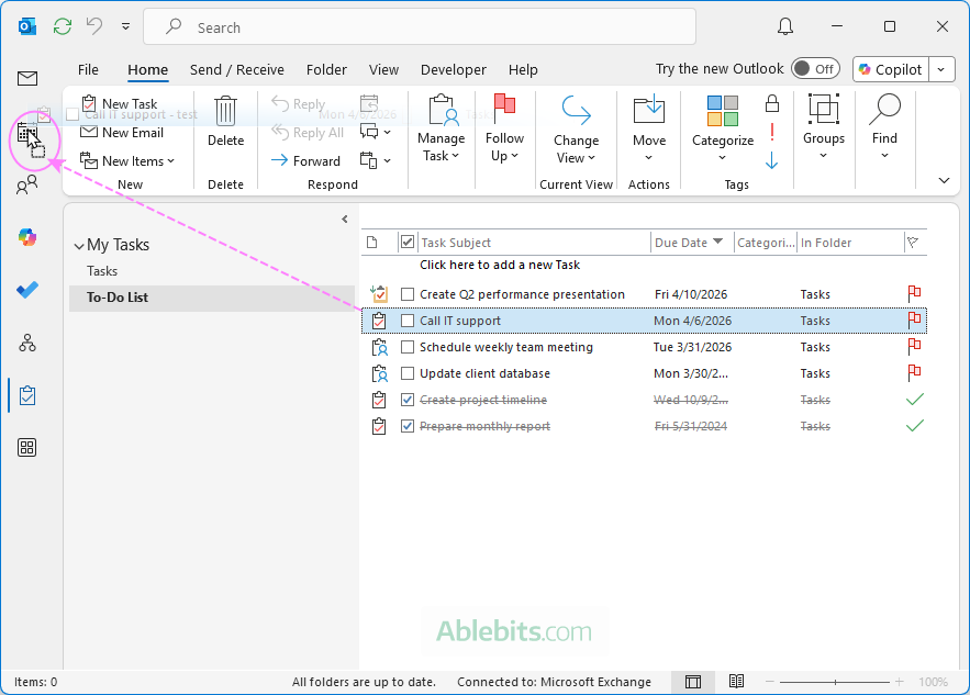 Drag a task to the calendar in the Outlook Navigation pane.