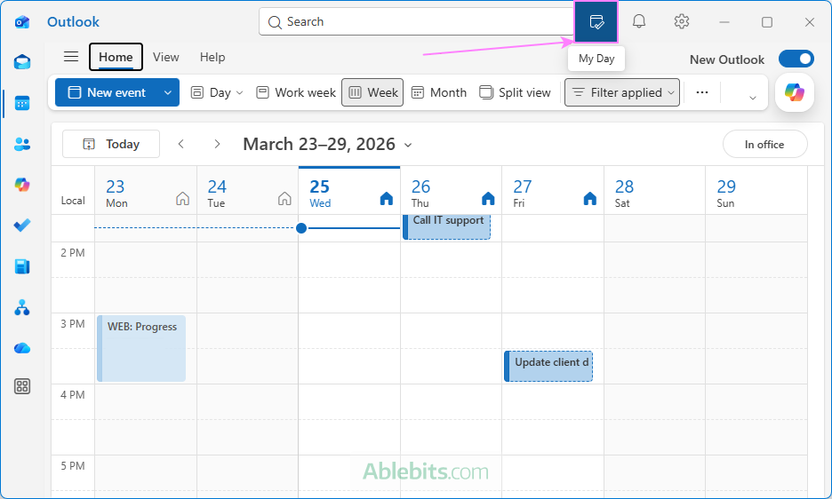 Show the My Day pane in the new Outlook.