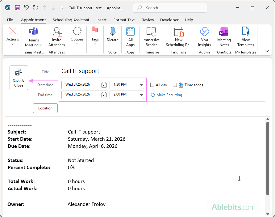 Create an appointment from a task in Outlook.
