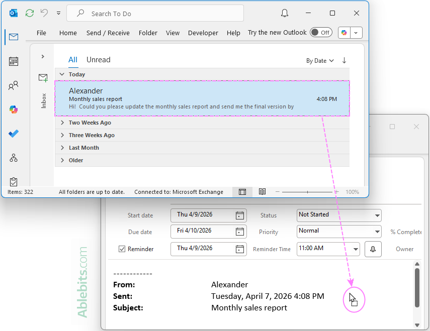 Attach an email to an existing Outlook task.