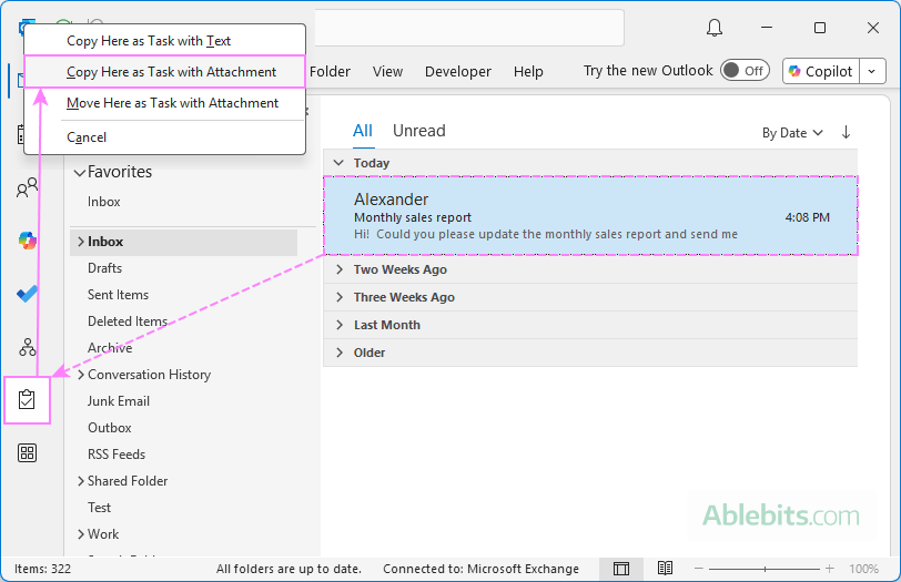 Create a new Outlook task with an email attached.