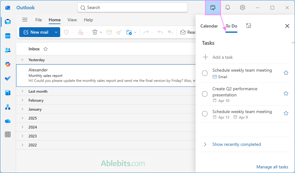 Find the email you want to turn into a task in the new Outlook.