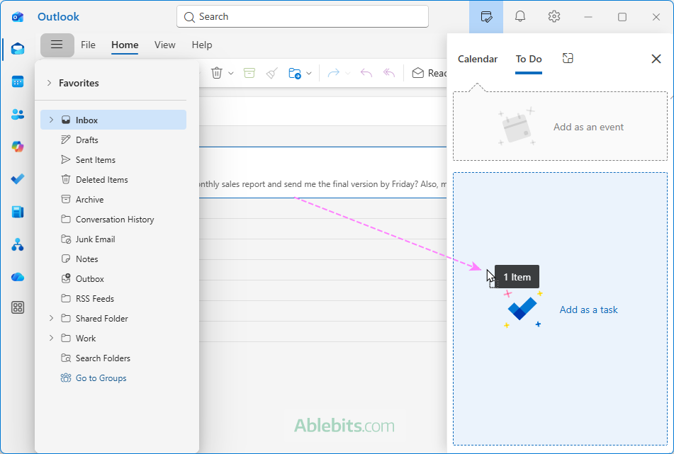Create a task from an email in the new Outlook.