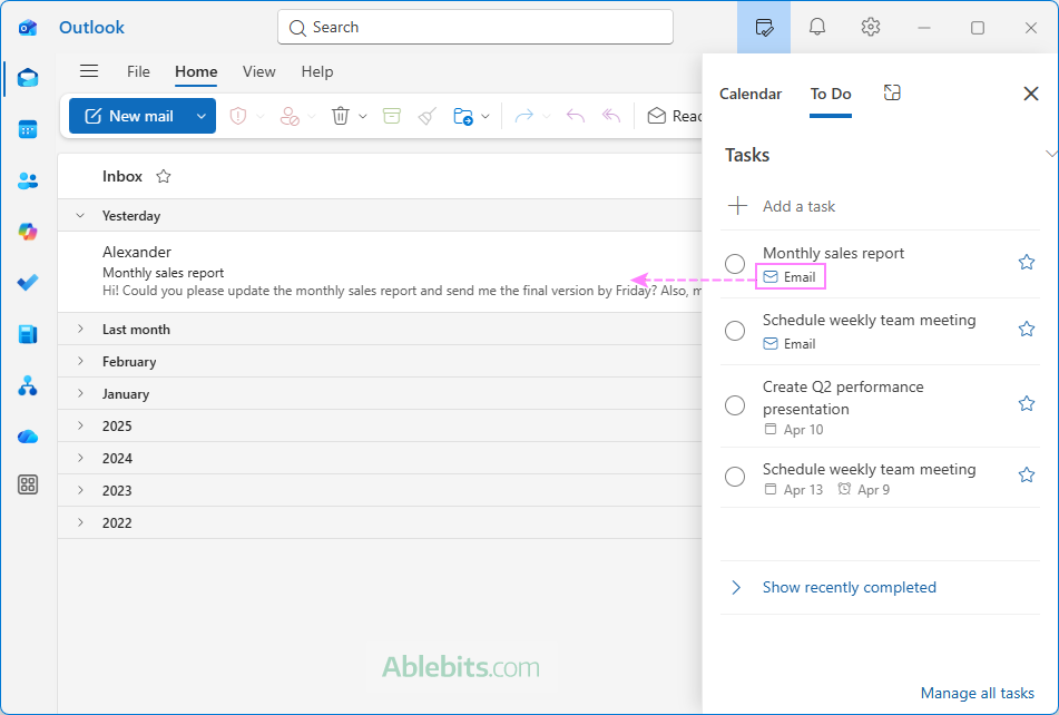 A new Outlook task is created linked to the email.