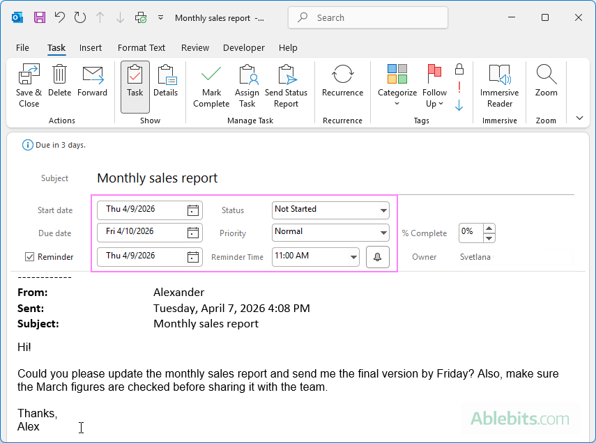Set the start date, due date, and other details for the task.