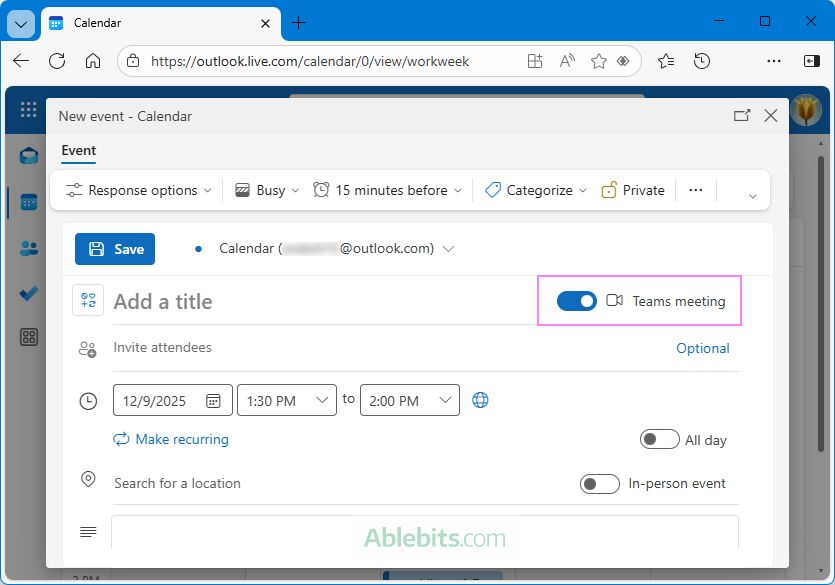 Create a Teams meeting in Outlook.com.