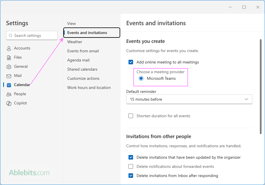 Change the default Teams meeting option in the new Outlook.