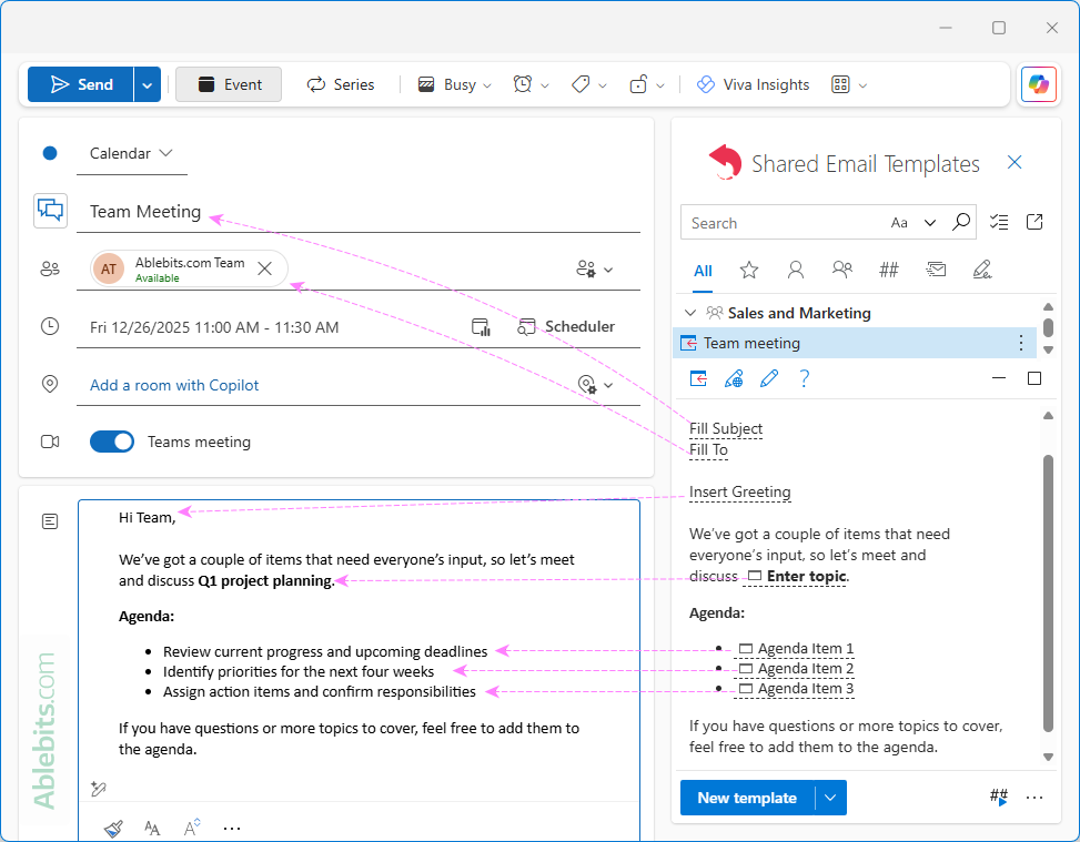 Use a shared meeting template for Outlook.