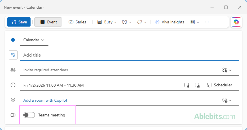 Remove Teams from the new Outlook calendar event.
