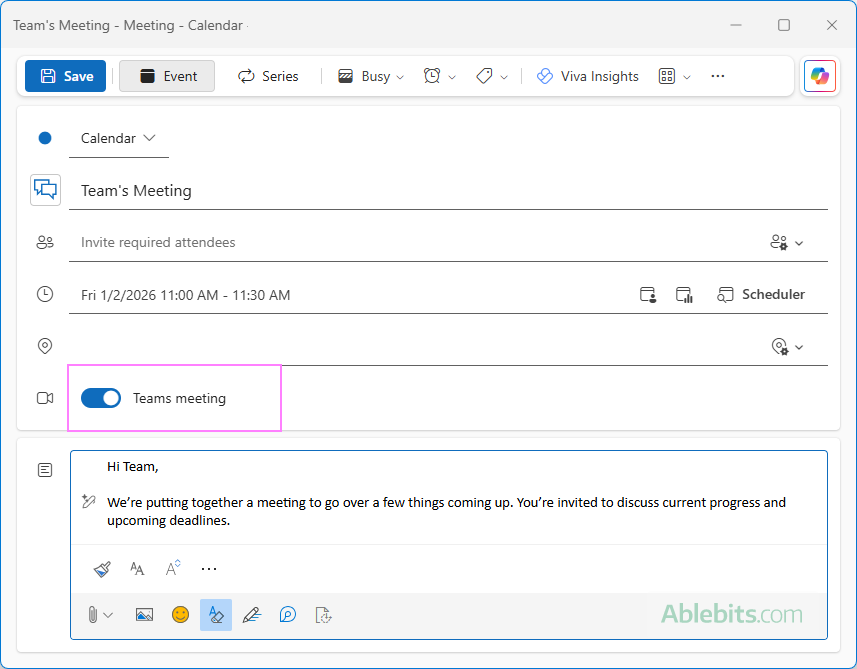Set up a Teams meeting in the new Outlook.