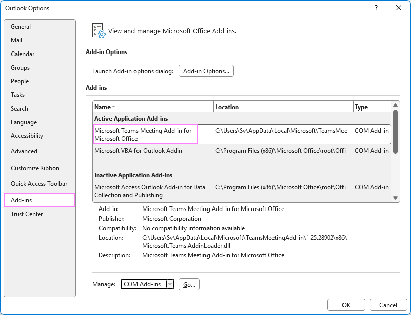 Verify that the Teams add-in is enabled in Outlook.